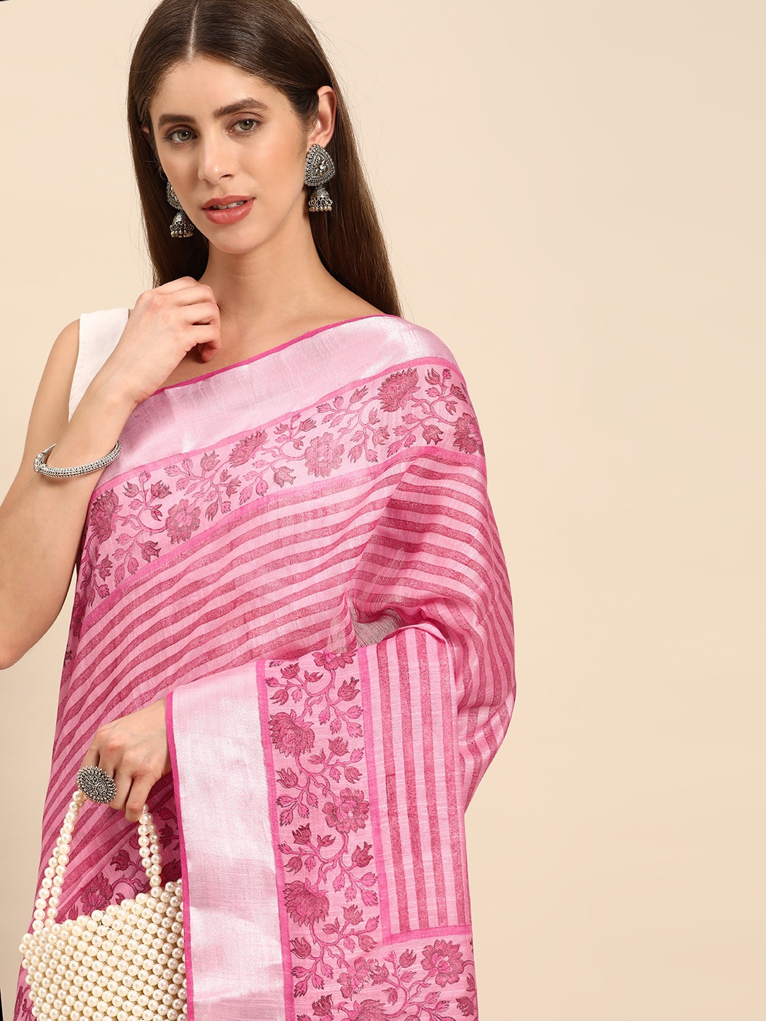 swatika Floral Zari Silk Blend Bhagalpuri Saree, Pink