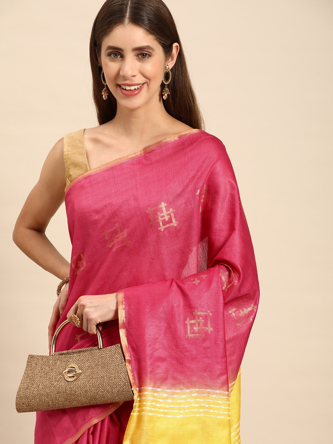 

swatika Woven Design Zari Silk Blend Bhagalpuri Saree, Pink