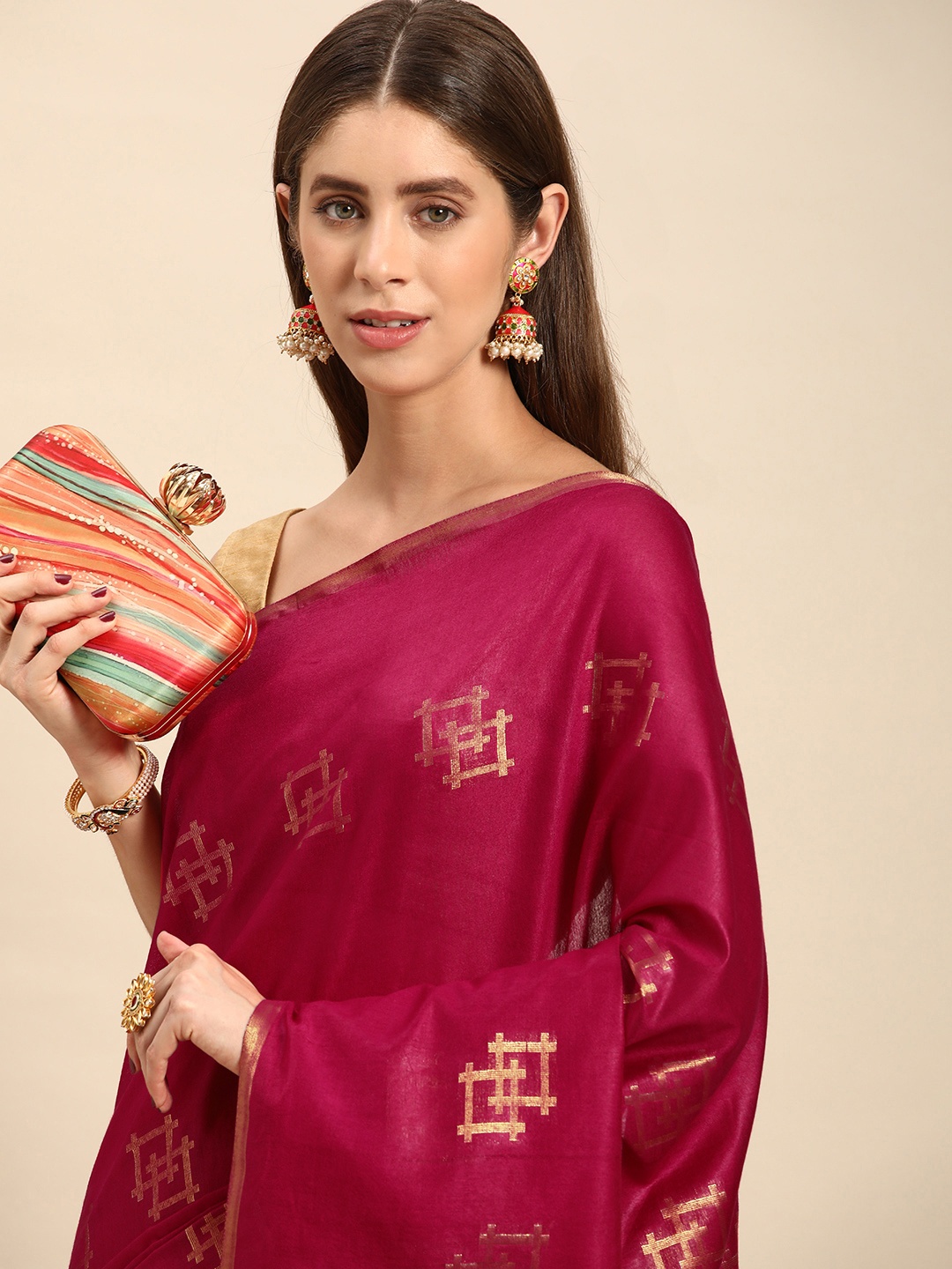 

swatika Woven Design Zari Silk Blend Bhagalpuri Saree, Pink