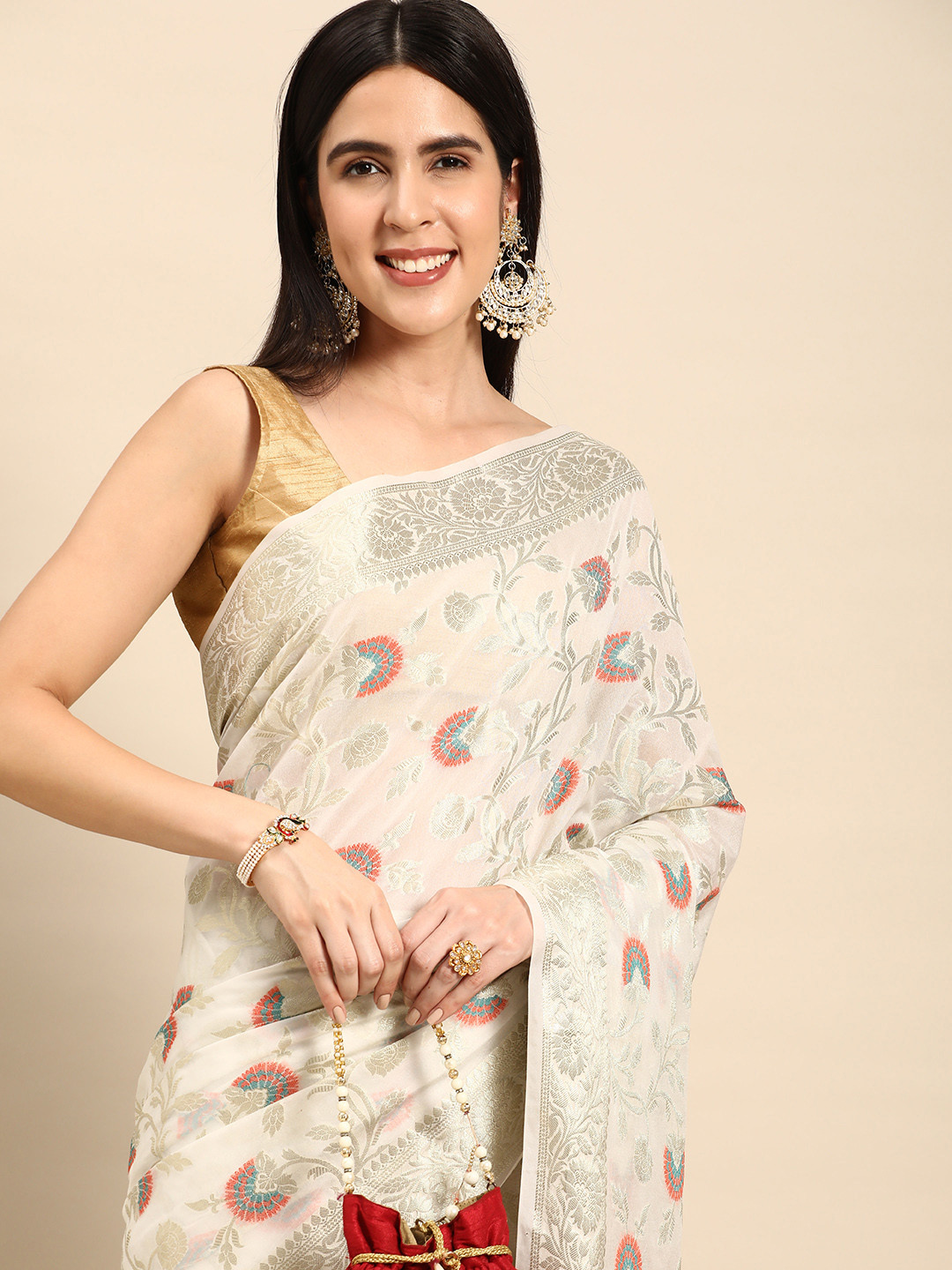 

swatika White & Orange Woven Design Pure Georgette Handloom Banarasi Saree