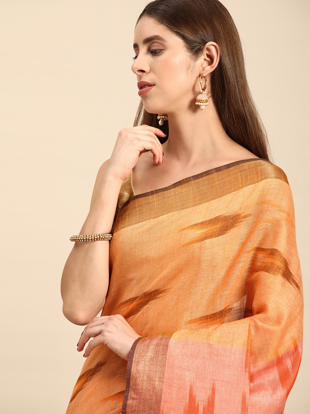

swatika Printed Pure Cotton Bhagalpuri Saree, Peach
