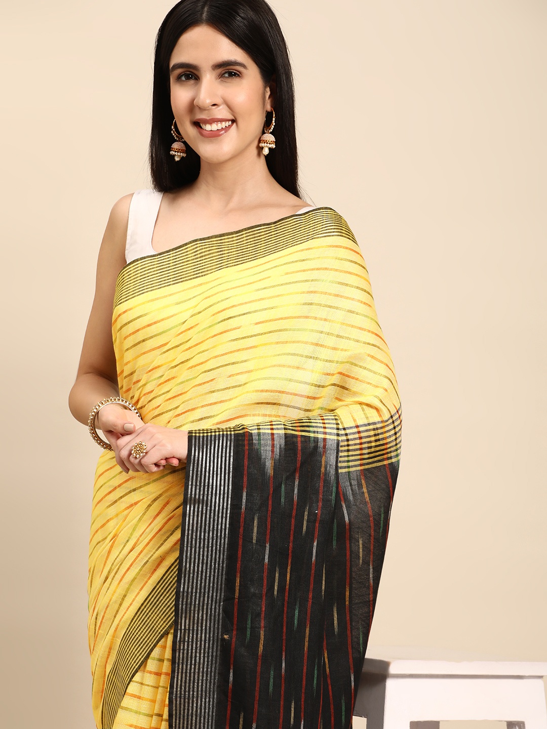 

swatika Yellow & Black Woven Design Pure Cotton Handloom Bhagalpuri Saree