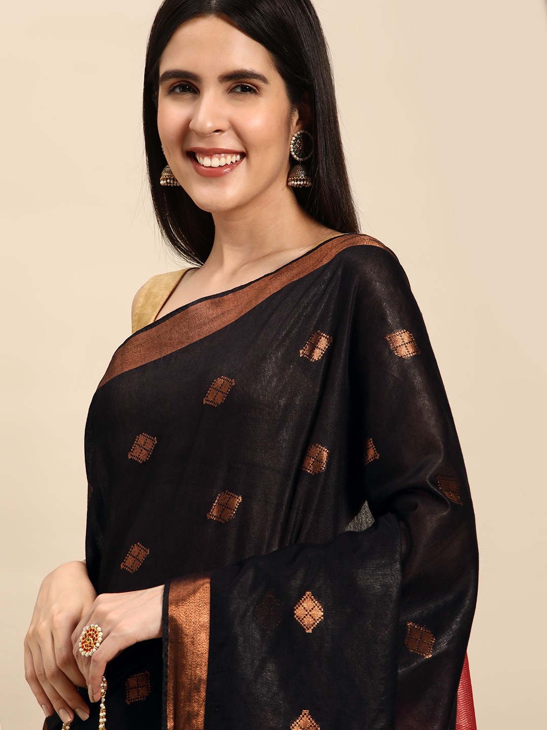 

swatika Black & Red Woven Design Silk Blend Handloom Bhagalpuri Saree