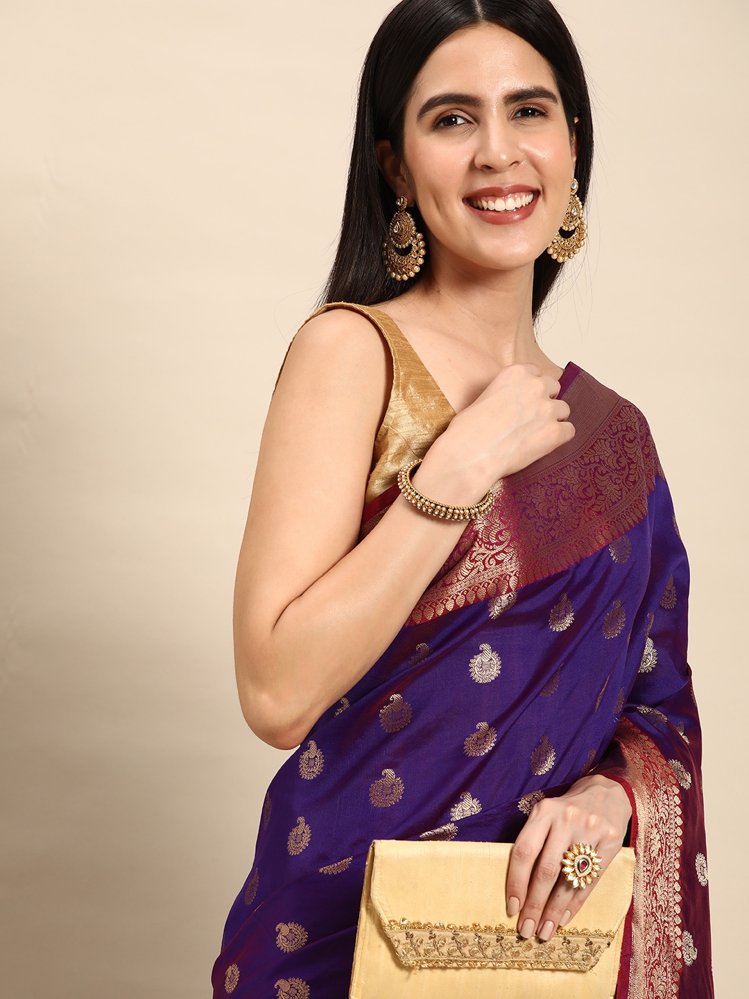 

swatika Ethnic Motifs Zari Silk Blend Banarasi Saree, Purple