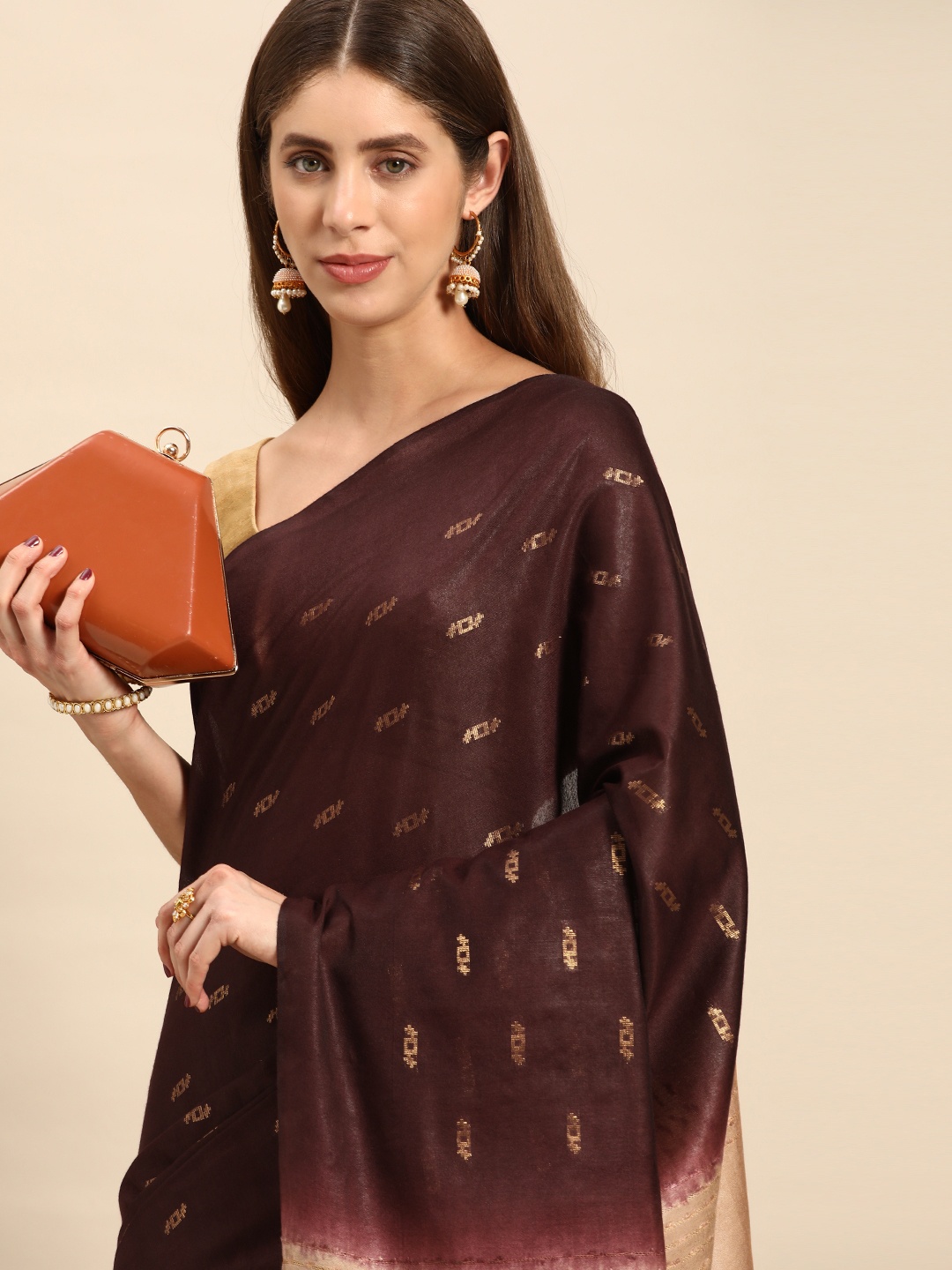 

swatika Woven Design Zari Silk Blend Bhagalpuri Saree, Brown