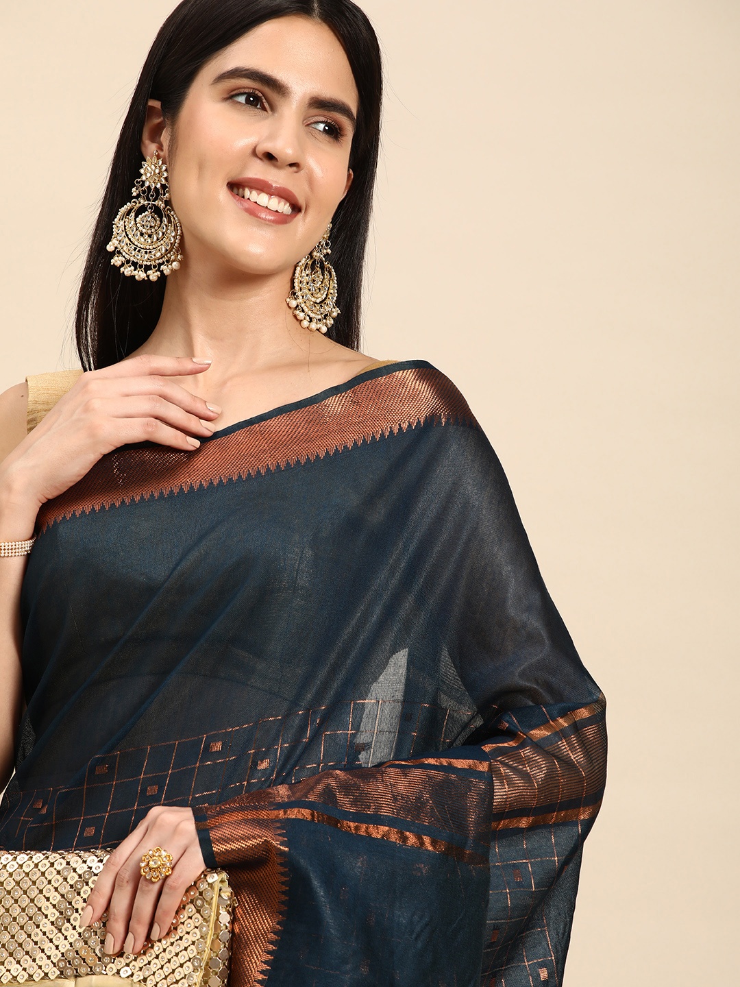 

swatika Blue & Yellow Woven Design Silk Blend Handloom Bhagalpuri Saree