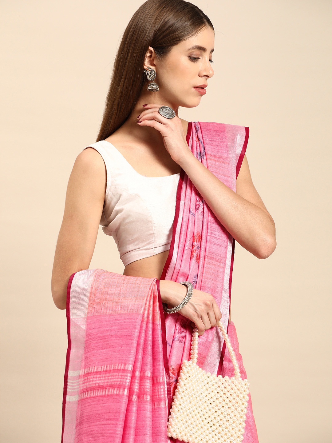 

swatika Floral Zari Pure Cotton Bhagalpuri Saree, Pink