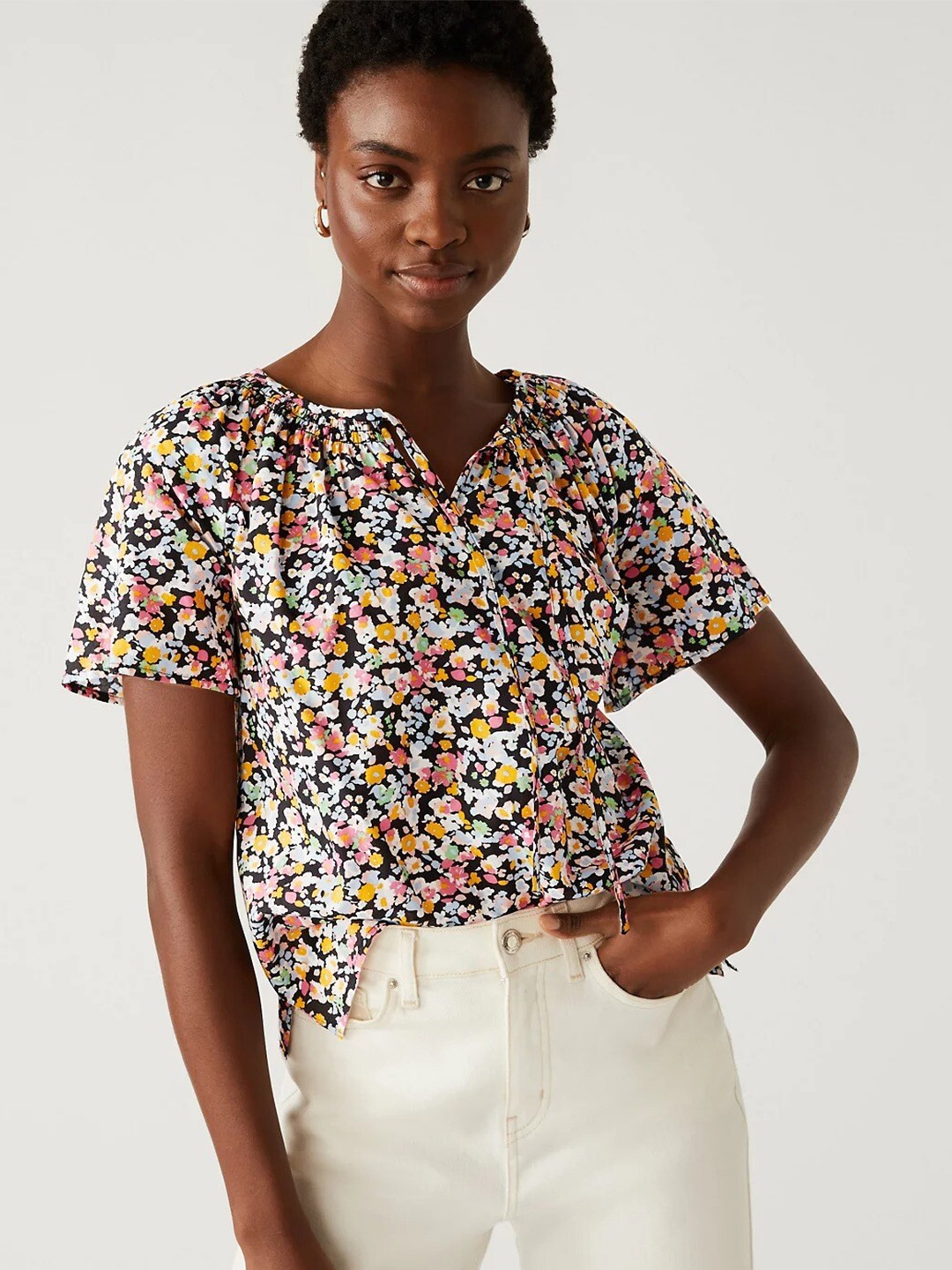 

Marks & Spencer Floral Printed Tie-Up Collar Raglan Sleeve Cotton Top, Black