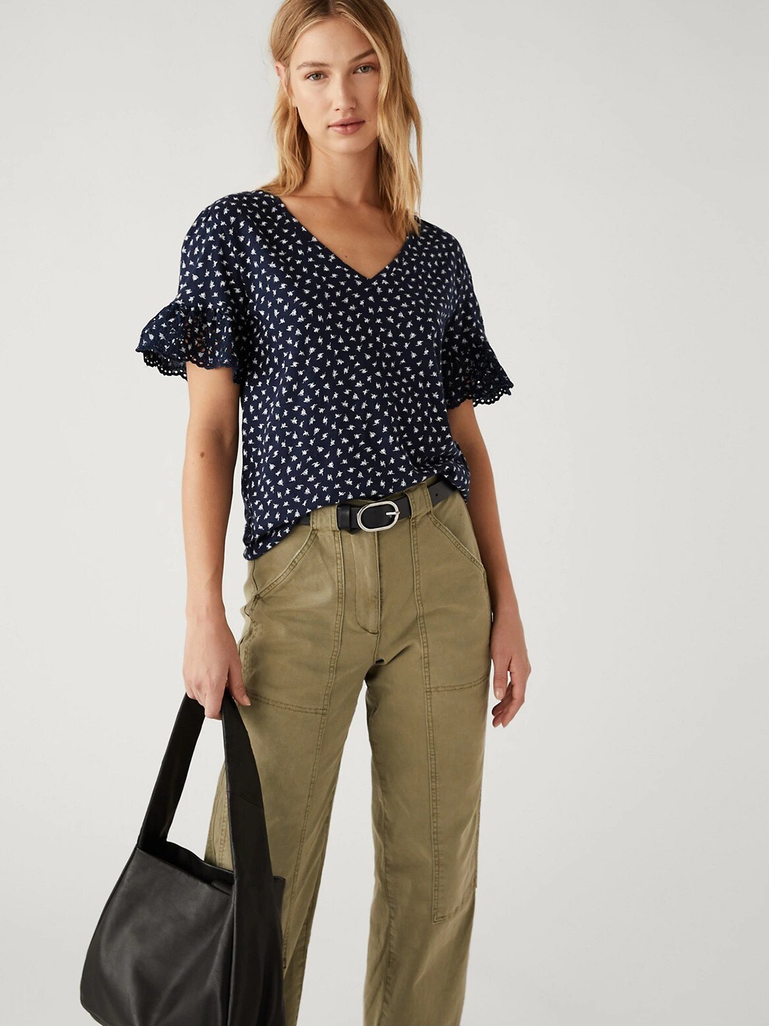

Marks & Spencer Conversational Printed Flutter Sleeves Cotton Top, Navy blue