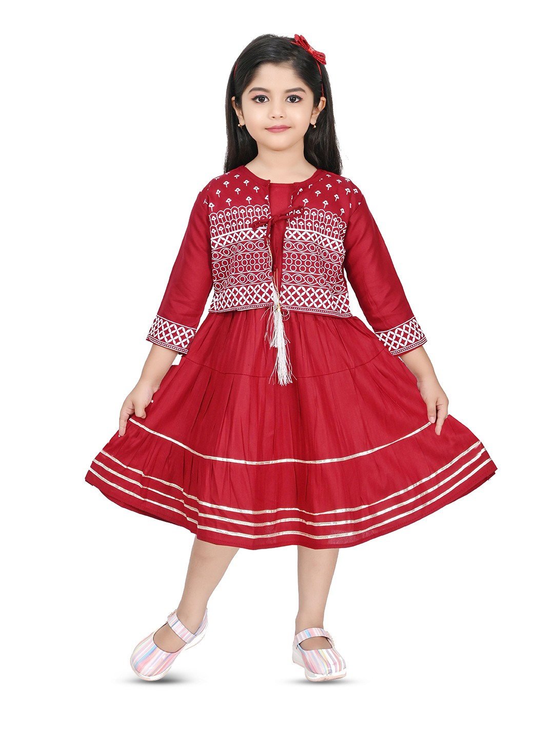 

carrydreams Infant Girls Tiered Fit & Flare Midi Dress With Printed Jacket, Maroon