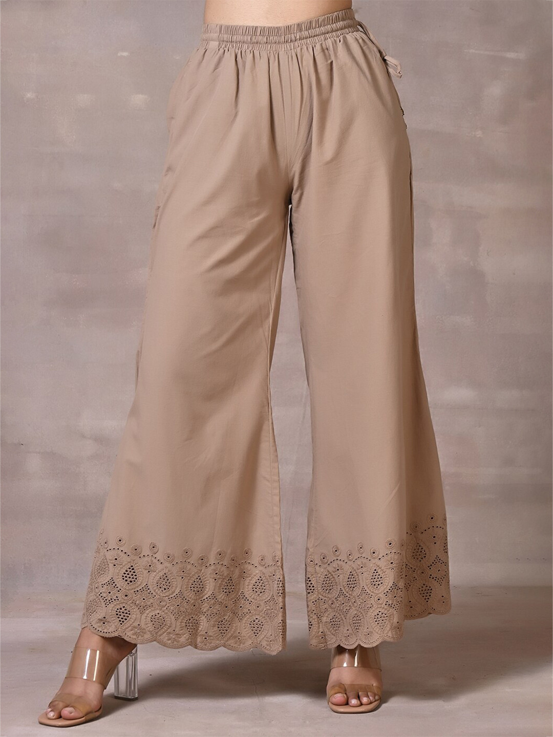 

Lakshita Women Self Design Floral Hem Design Wide Leg Ethnic Palazzos, Beige