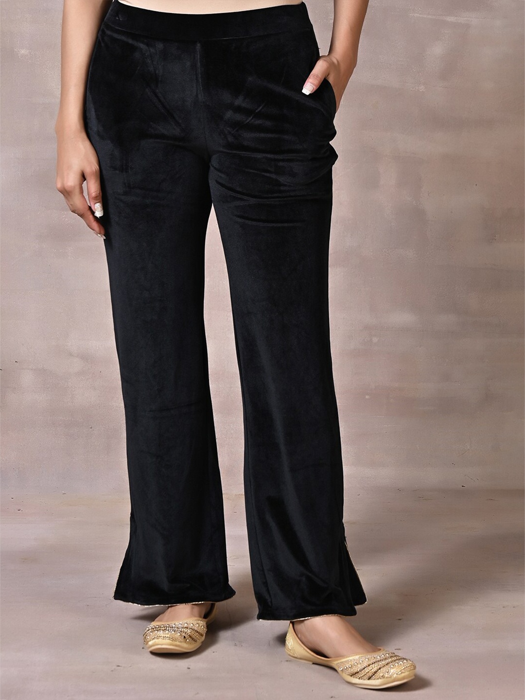 

Lakshita Women Woven Velvet Straight Palazzos, Black