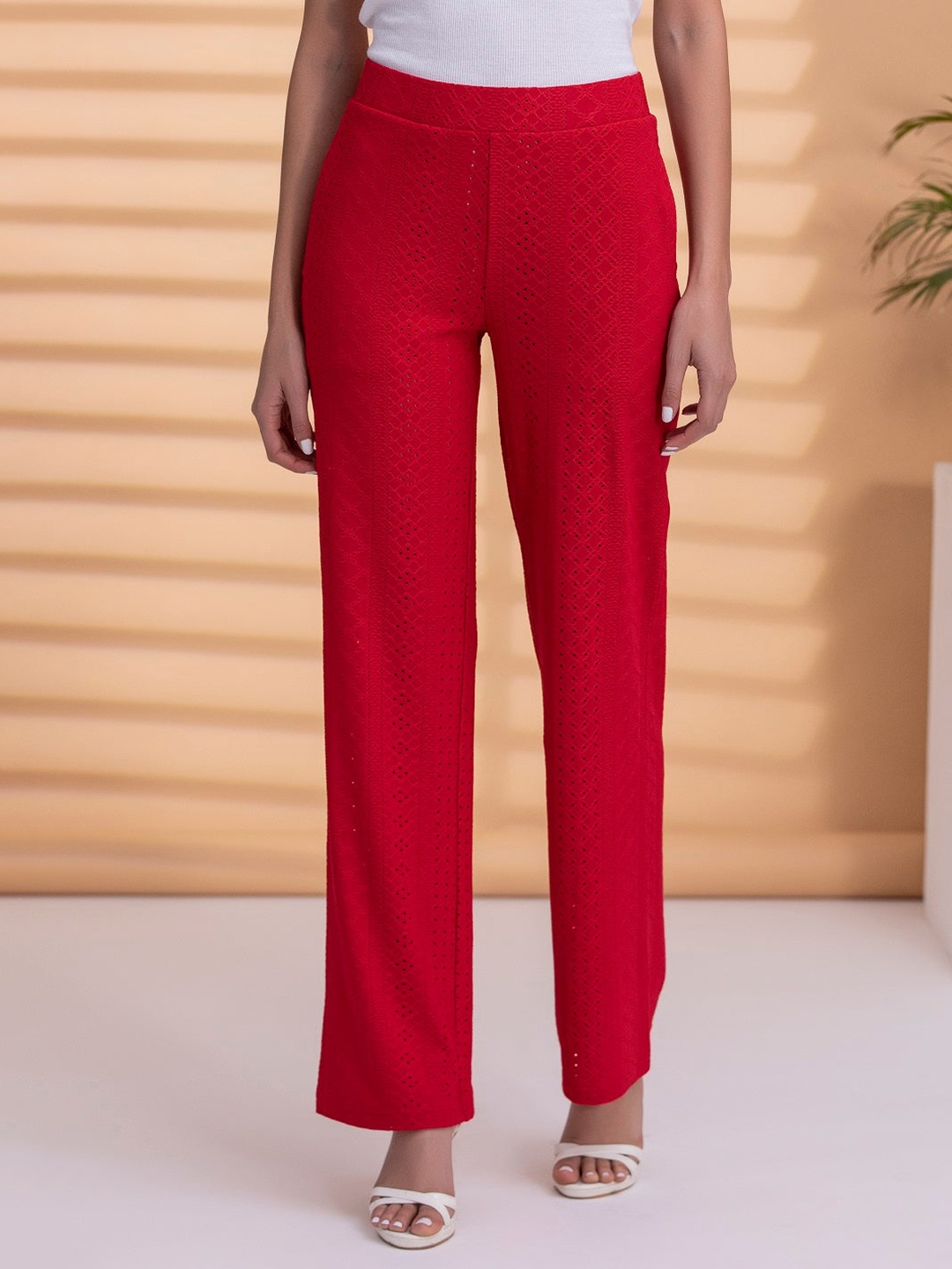 

Lakshita Women Self Design Geometric Cotton Straight Palazzos, Red