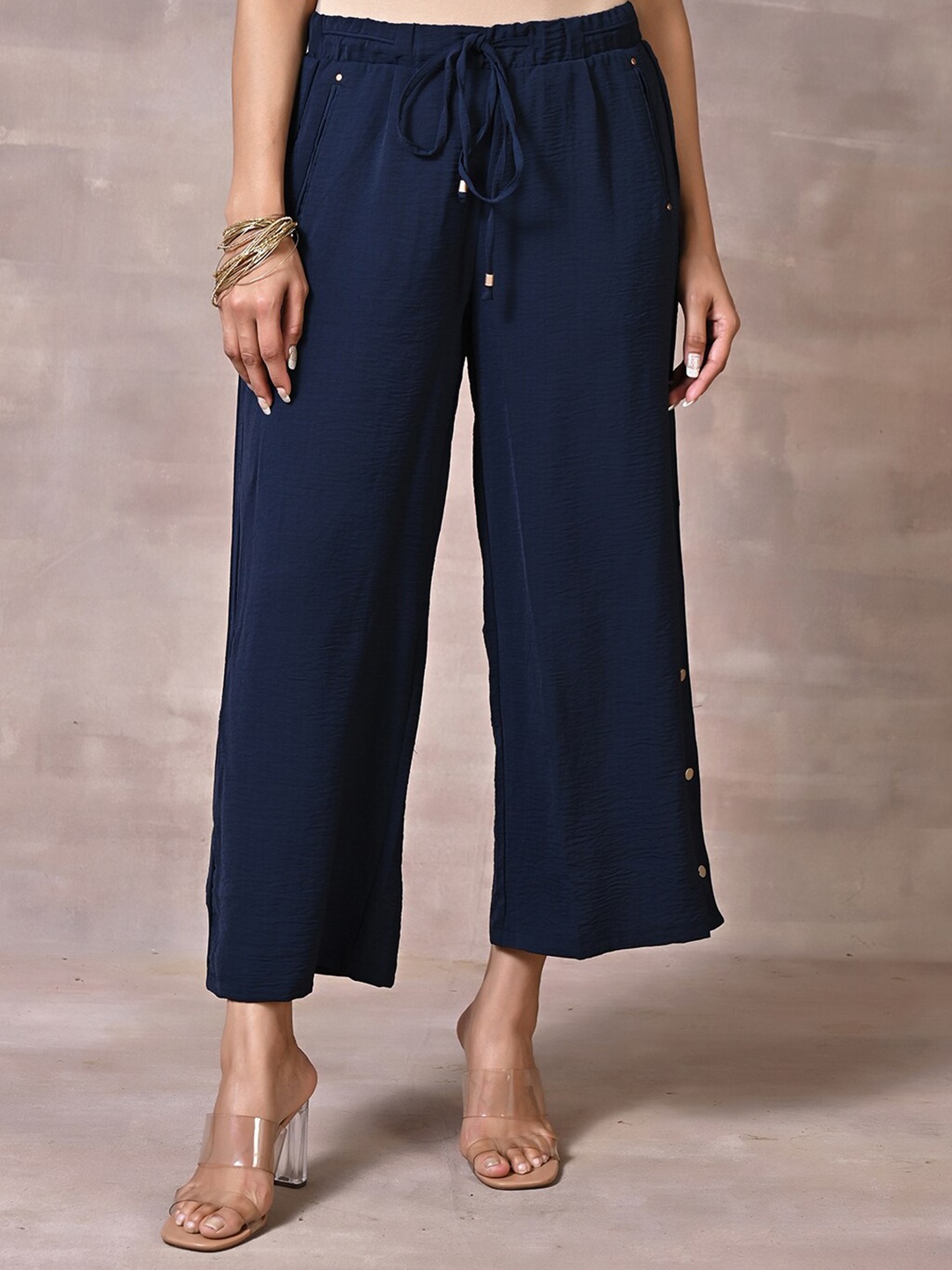 

Lakshita Women Smart Straight Fit Easy Wash Culottes Trousers, Navy blue