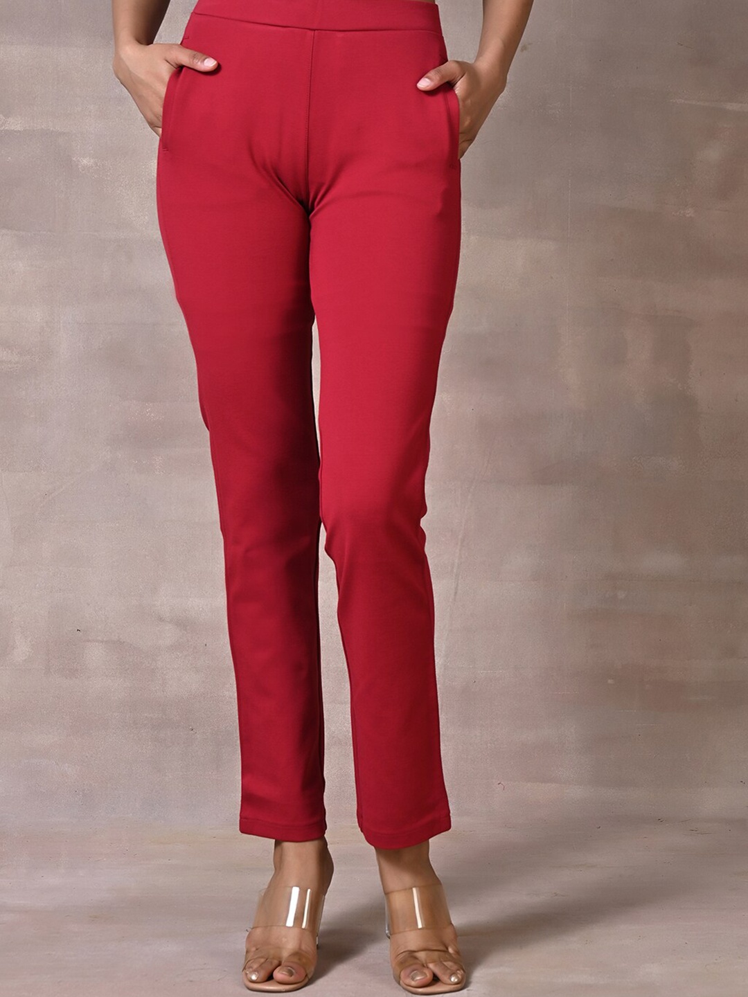 

Lakshita Women Smart Skinny Fit Mid-Rise Easy Wash Cigarette Trousers, Red