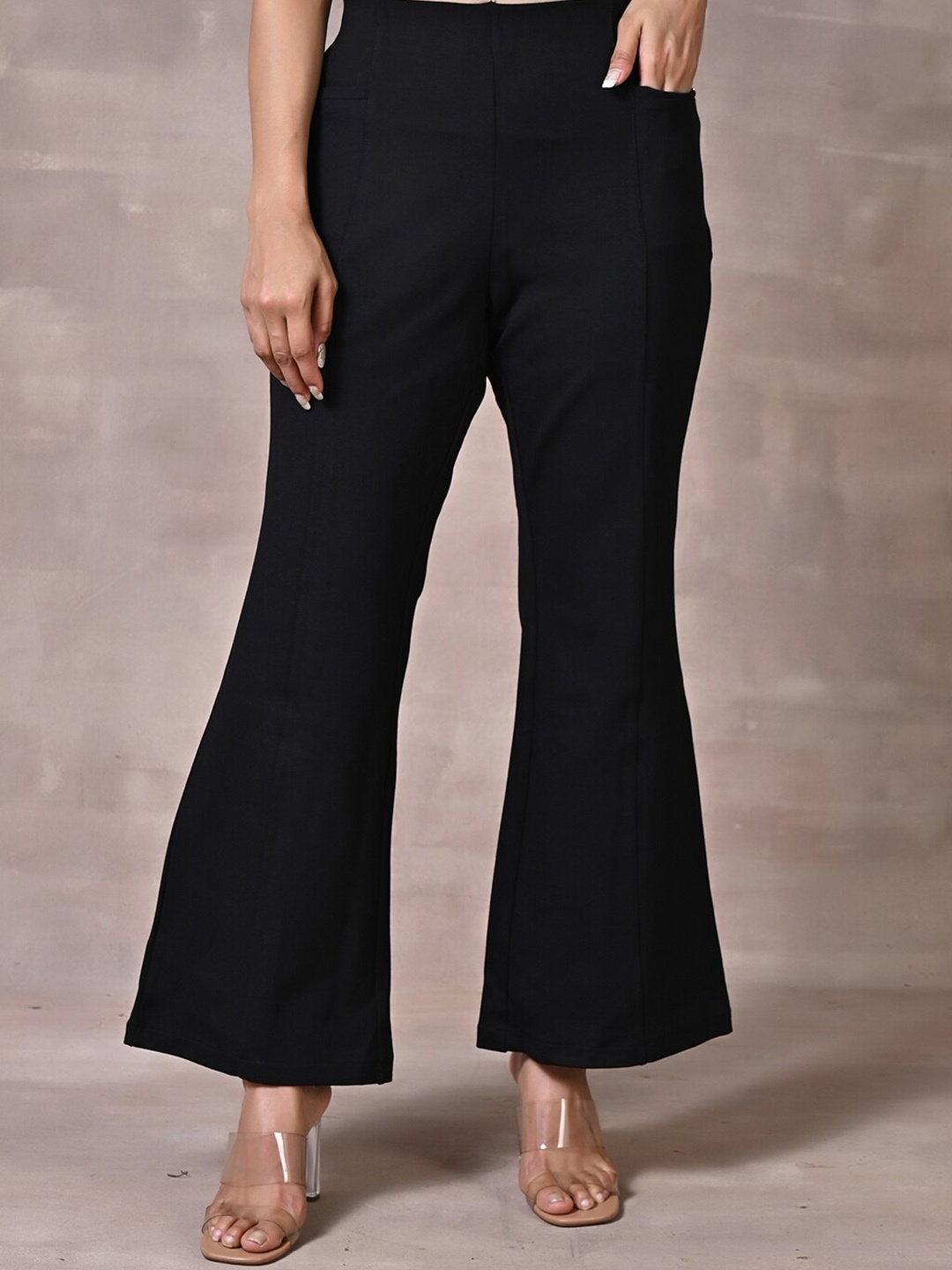 

Lakshita Women Smart Flared Fit Mid Rise Easy Wash Bootcut Trousers, Charcoal