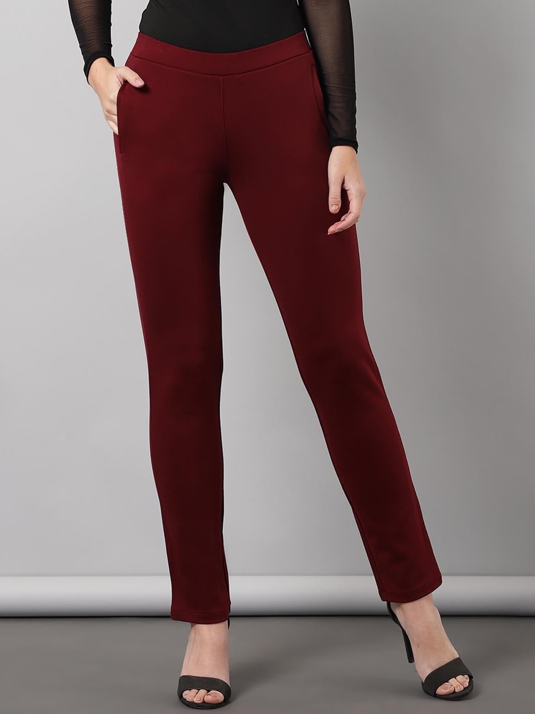 

Lakshita Women Smart Skinny Fit Mid-Rise Easy Wash Trousers, Maroon
