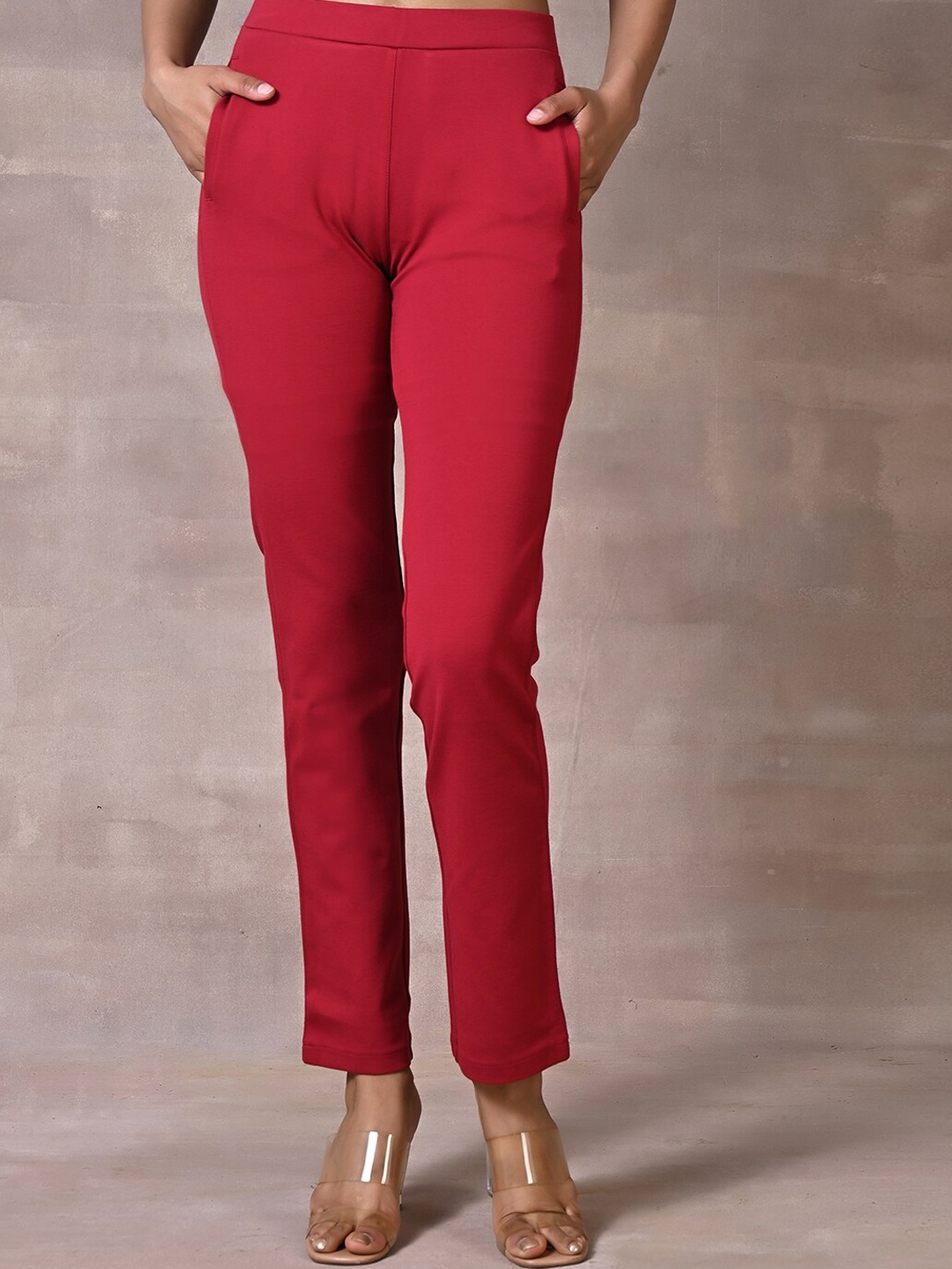 

Lakshita Women Smart Slim Fit Easy Wash Cigarette Trousers, Red