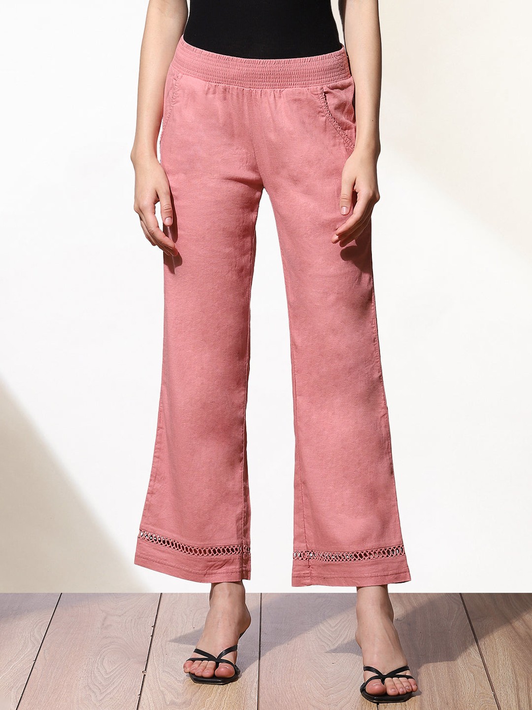 

Lakshita Women Smart Straight Fit Mid-Rise Easy Wash Linen Trousers, Pink