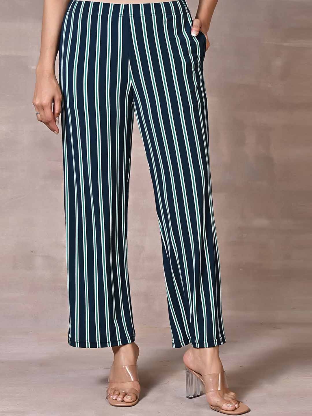 

Lakshita Women Striped Smart Straight Fit Easy Wash Trousers, Blue