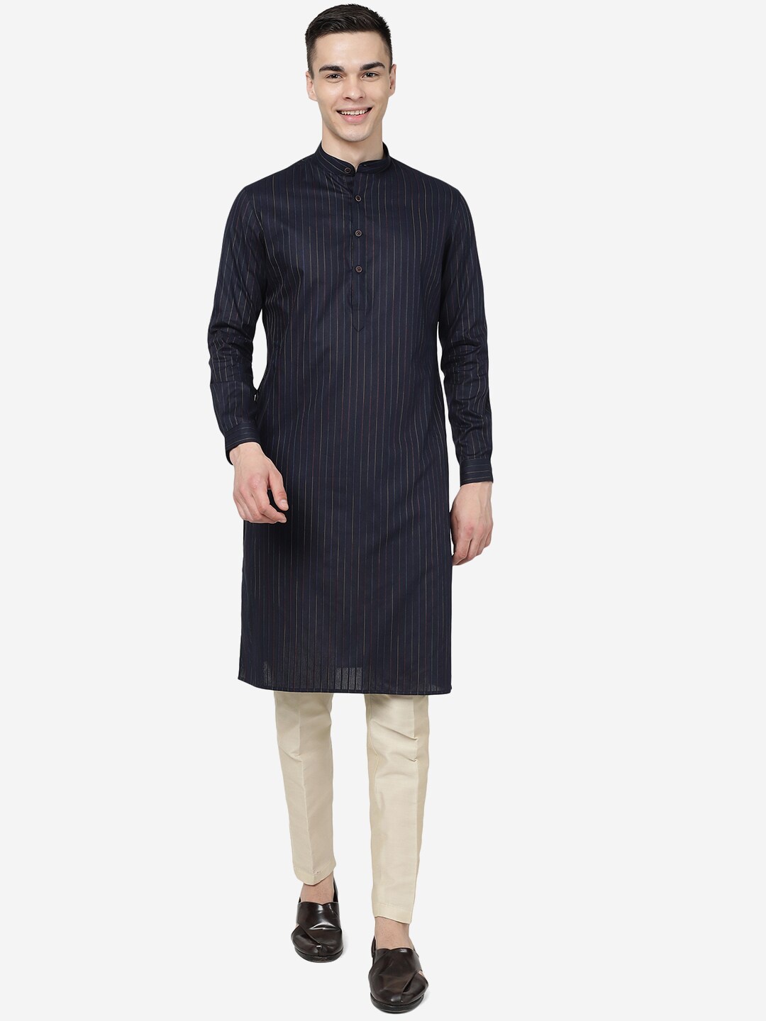 

Modi Kurta Striped Mandarin Collar Pure Cotton Straight Kurtas, Navy blue