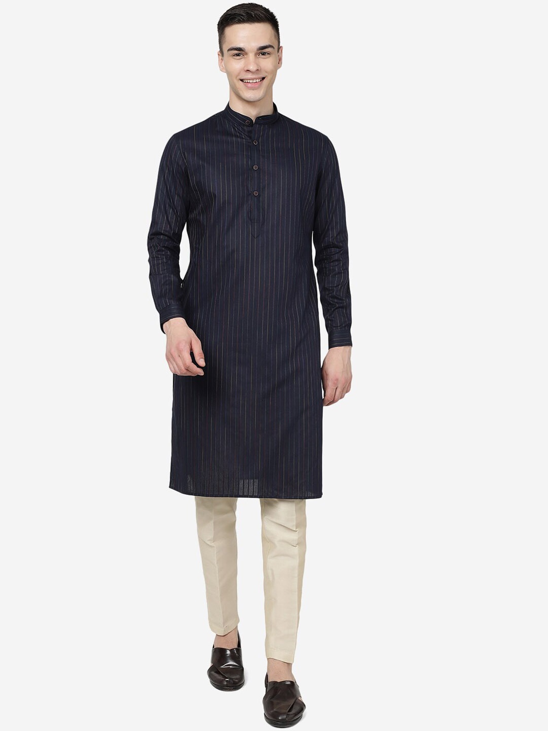 

Modi Kurta Striped Mandarin Collar Pure Cotton Kurta, Blue