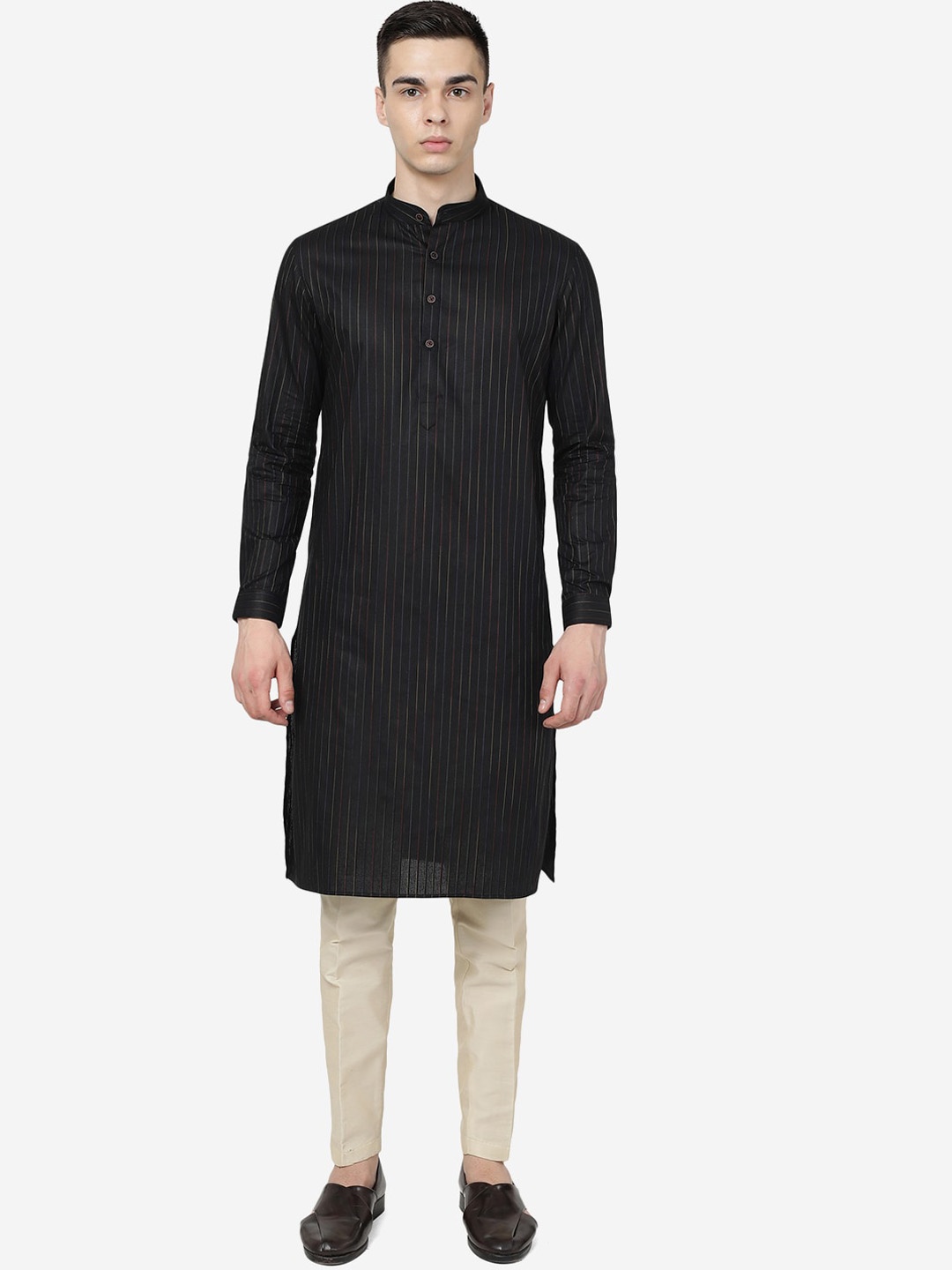 

Modi Kurta Striped Mandarin Collar Pure Cotton Straight Kurtas, Black