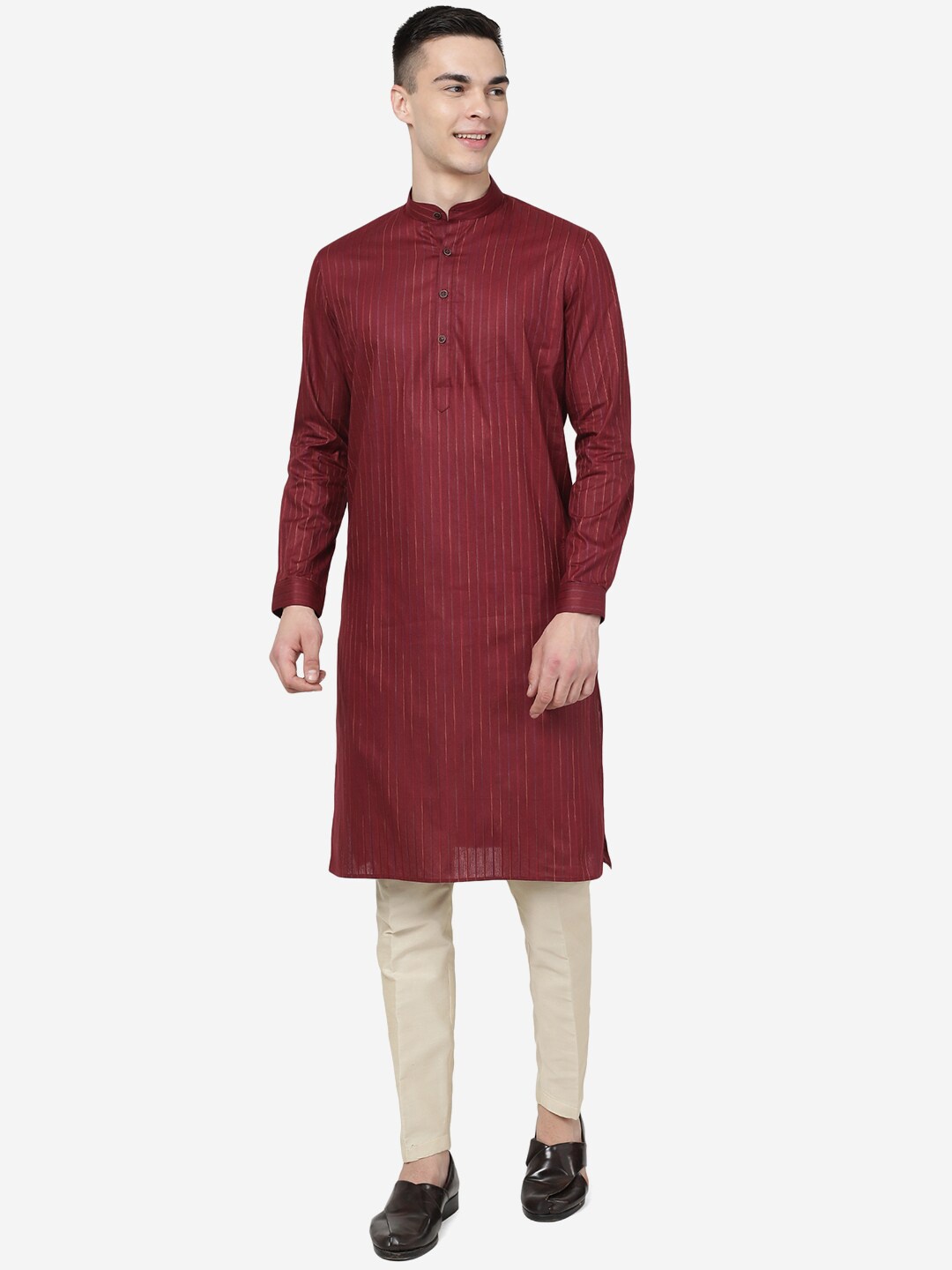 

Modi Kurta Striped Mandarin Collar Pure Cotton Kurta, Red