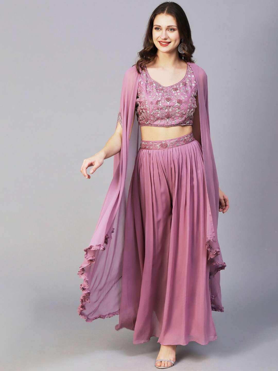 

Envy Me by FASHOR Embroidered Top with Palazzos & Draped Jacket, Pink