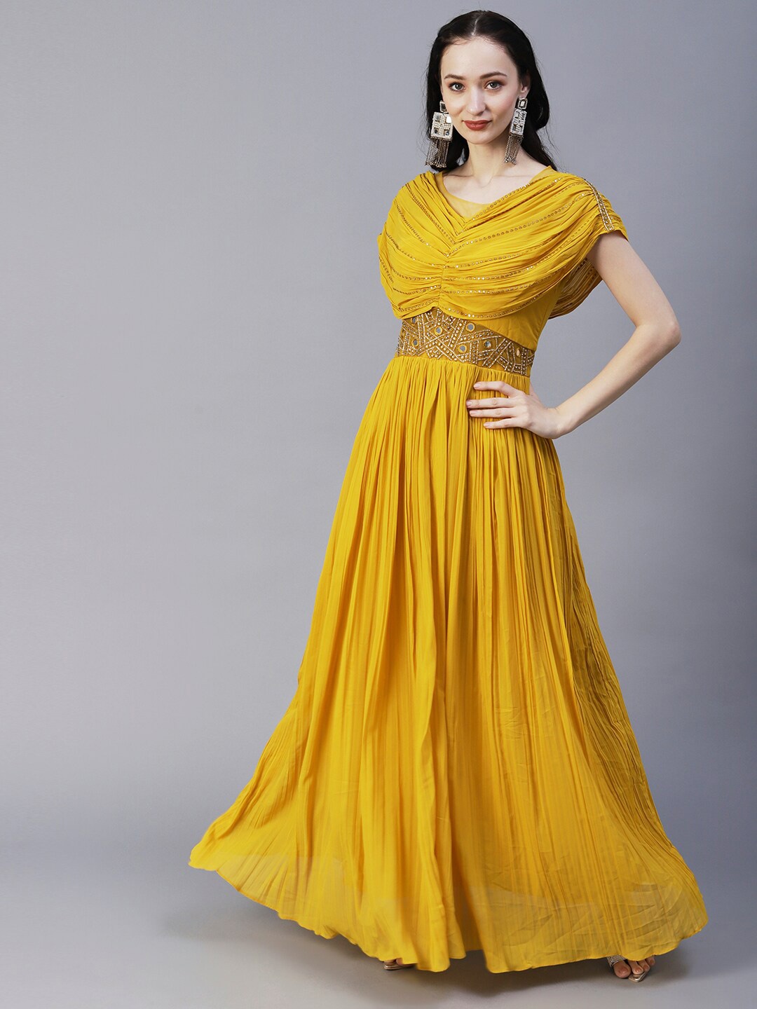 

Envy Me by FASHOR Embellished Gathered Fit & Flare Maxi Ethnic Dress, Yellow
