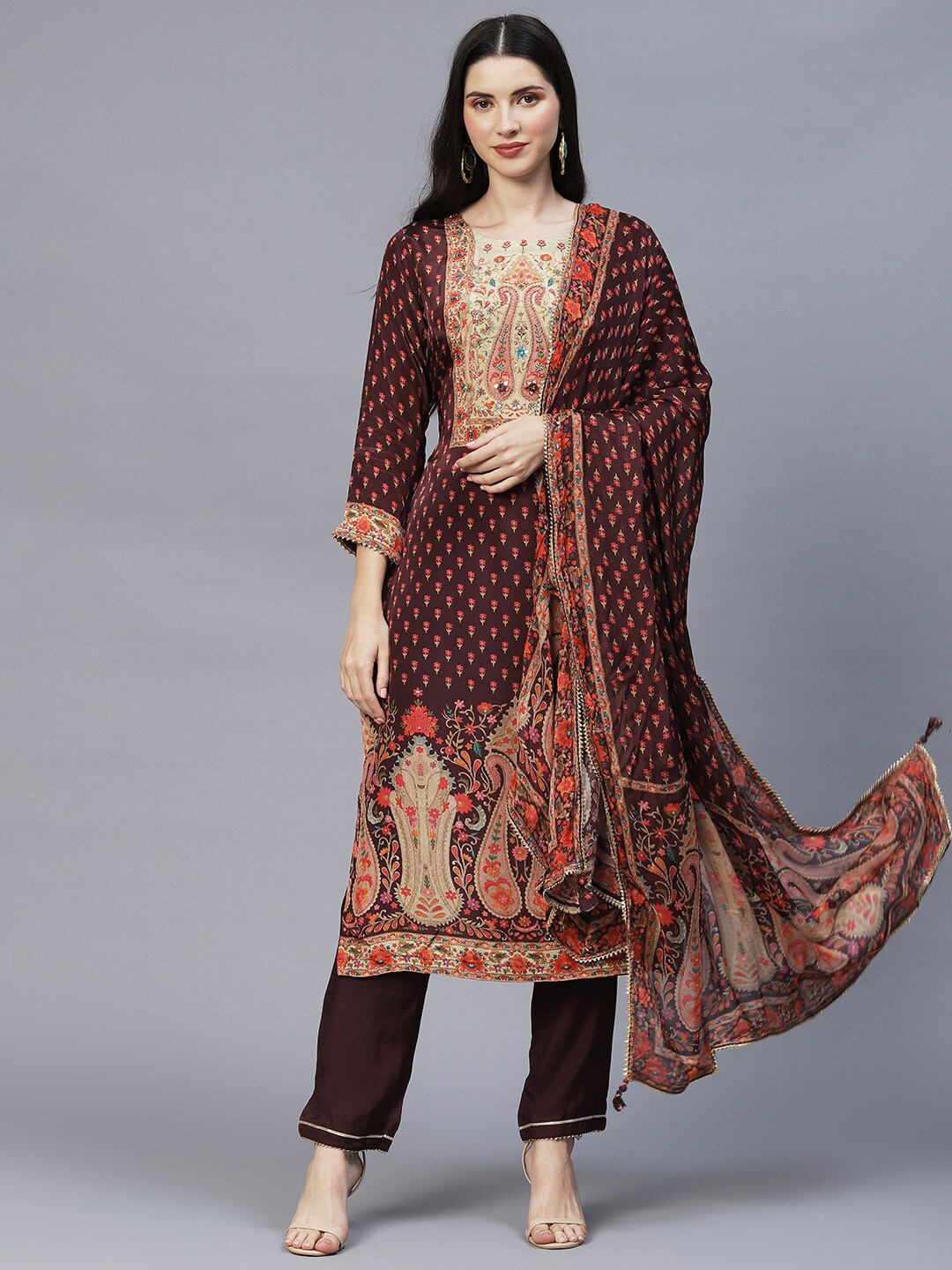 

Envy Me by FASHOR Floral Printed Mirror Work Kurta With Trousers & Dupatta, Brown