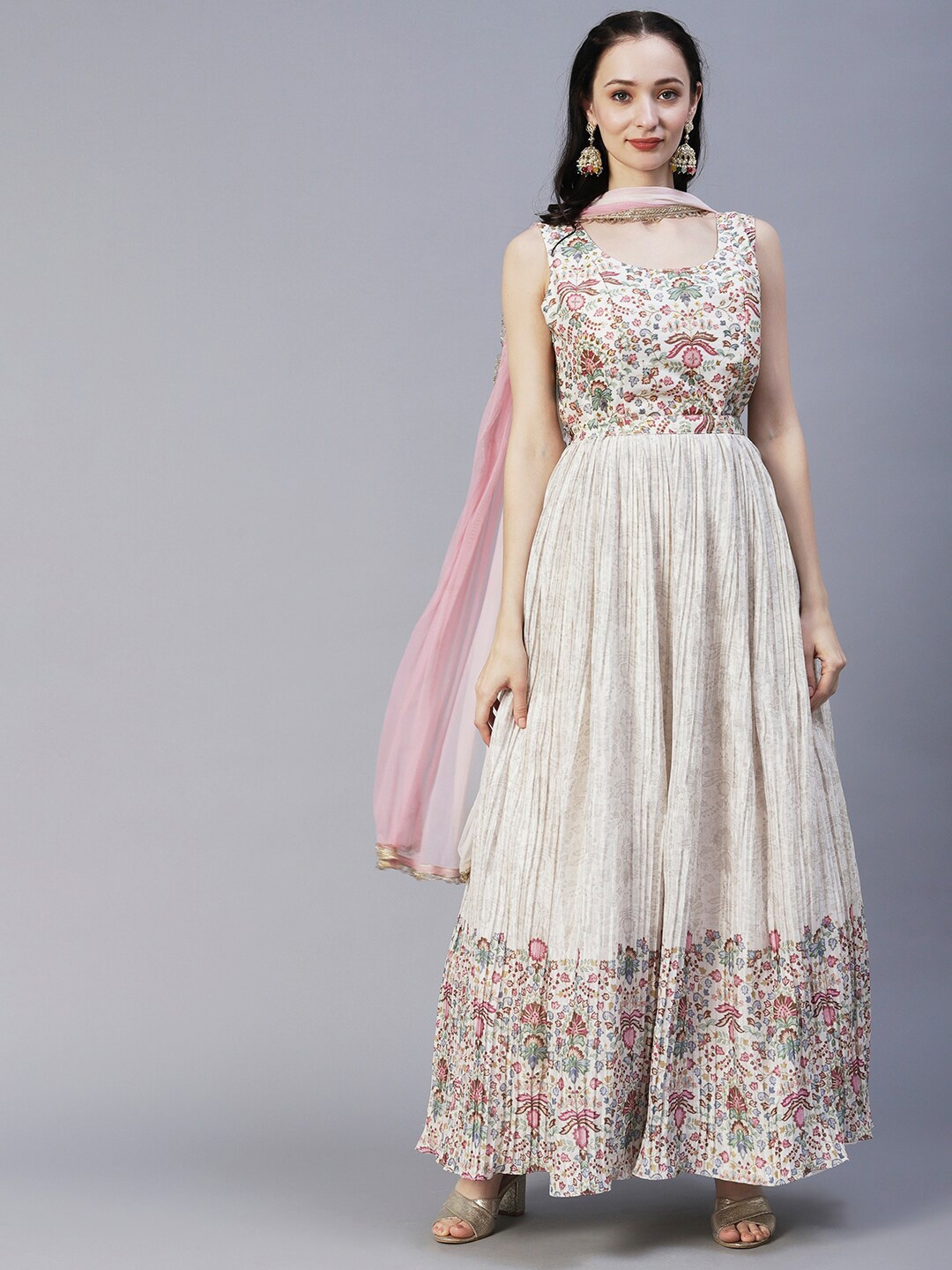 

Envy Me by FASHOR Floral Printed Fit & Flare Maxi Ethnic Dress With Dupatta & Belt, Off white