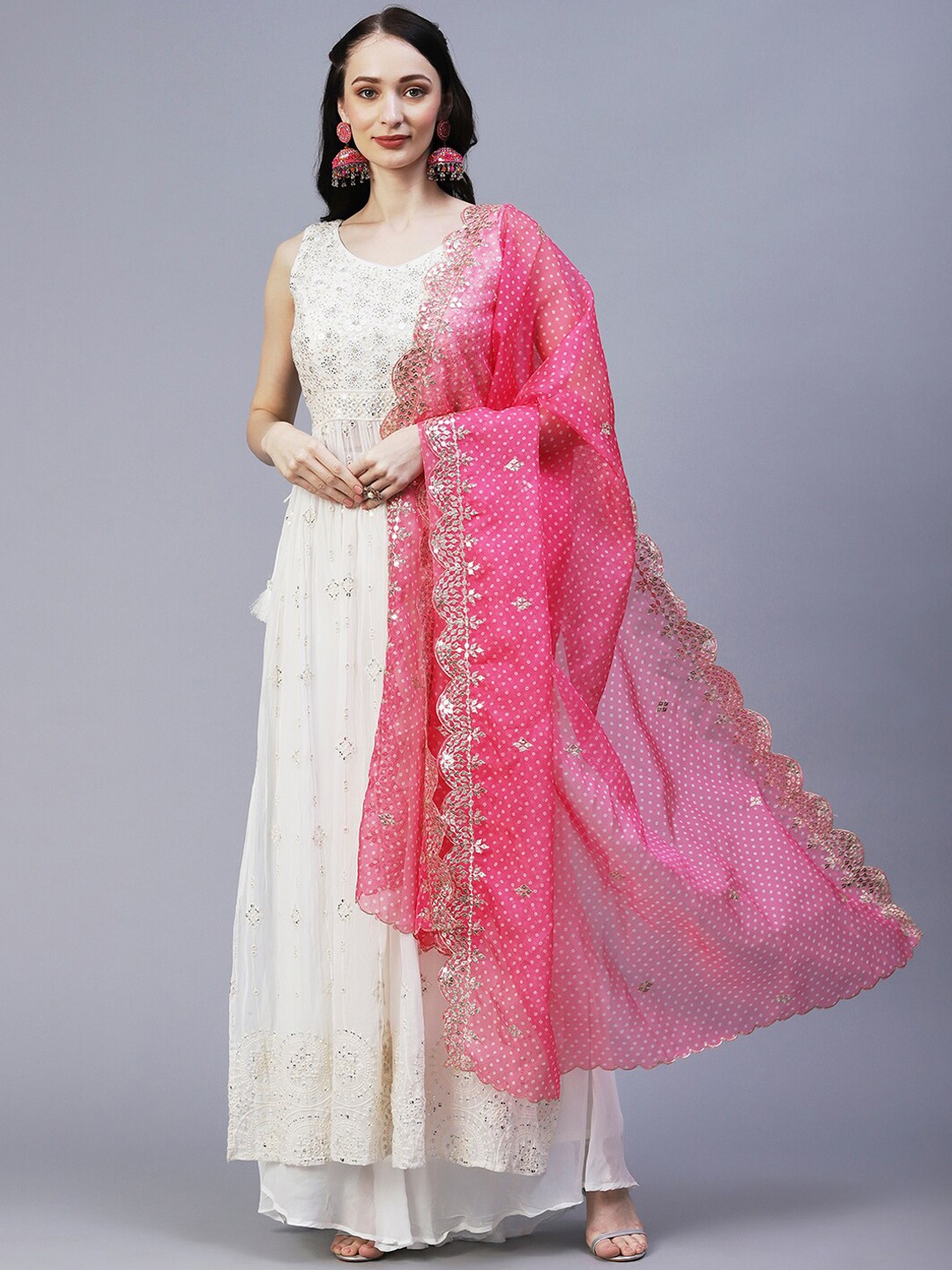 

Envy Me by FASHOR Ethnic Embroidered Pleated Sequined Kurta with Palazzos & Dupatta, Off white