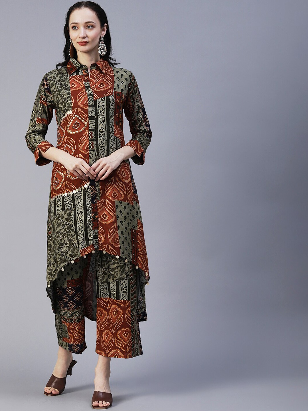 

Envy Me by FASHOR Ethnic Motifs Printed High-Low Kurta with Palazzos, Brown