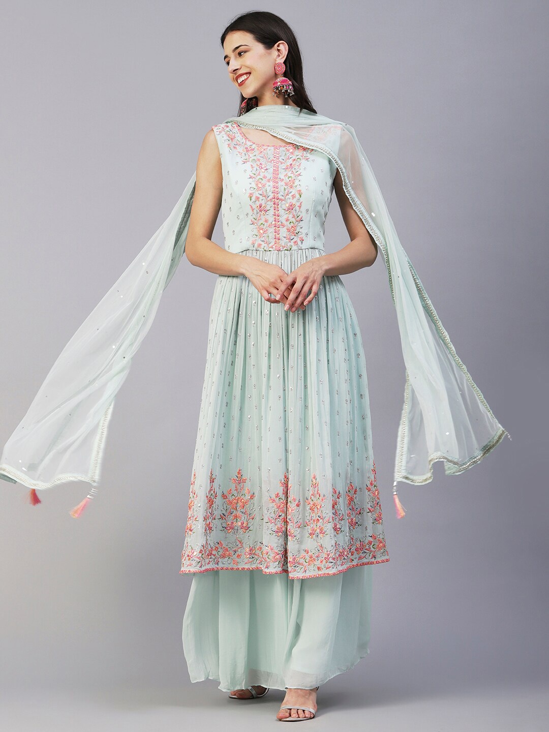 

Envy Me by FASHOR Embroidered Pleated Sequined Kurta with Palazzos & Dupatta, Sea green