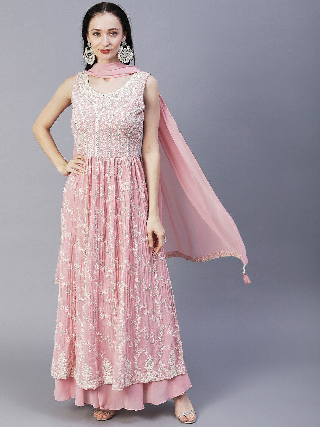 

Envy Me by FASHOR Ethnic Embroidered Pleated Sequinned Kurta with Palazzos & Dupatta, Pink