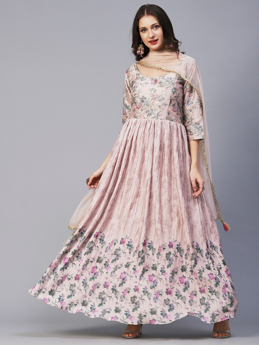 

Envy Me by FASHOR Floral Printed Fit & Flare Maxi Ethnic Dress With Dupatta, Cream