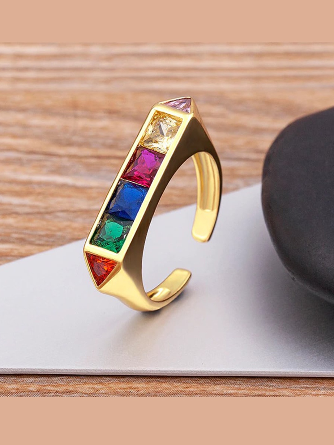 

ZIVOM Gold-Plated CZ & Crystal-Studded Adjustable Finger Ring