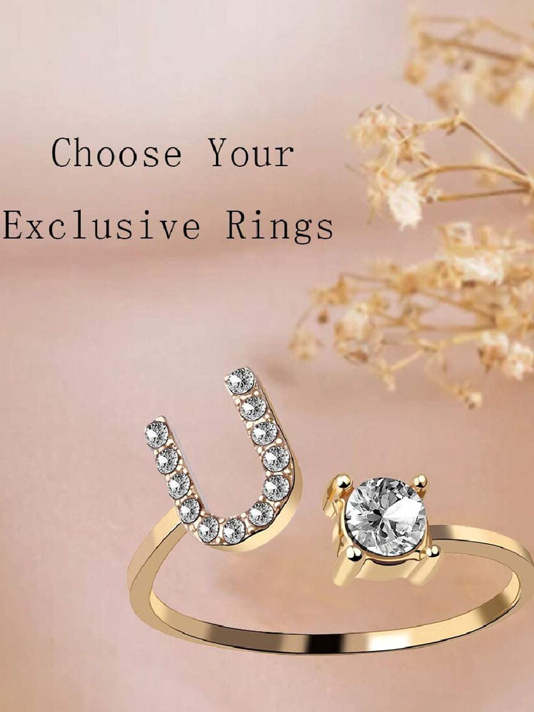 

ZIVOM Women Gold-Plated & CZ-Studded With Alphabet U-Charm Finger Ring, White