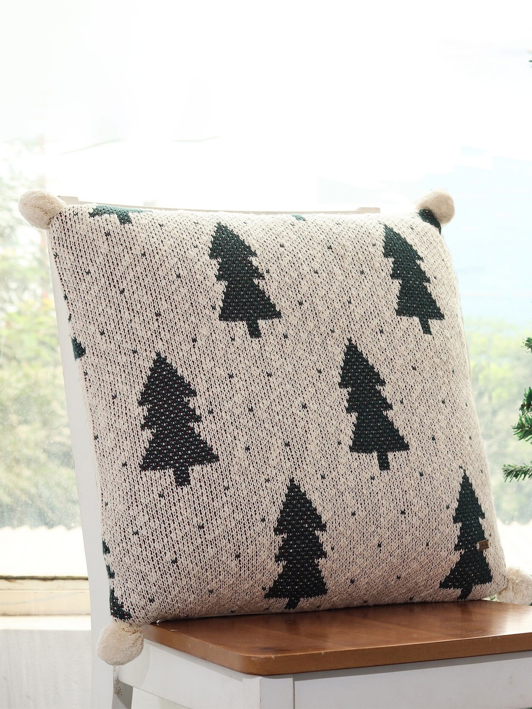 

Pluchi Green & Black X-mas Tree & Dot Cotton Square Cushion Cover, Beige