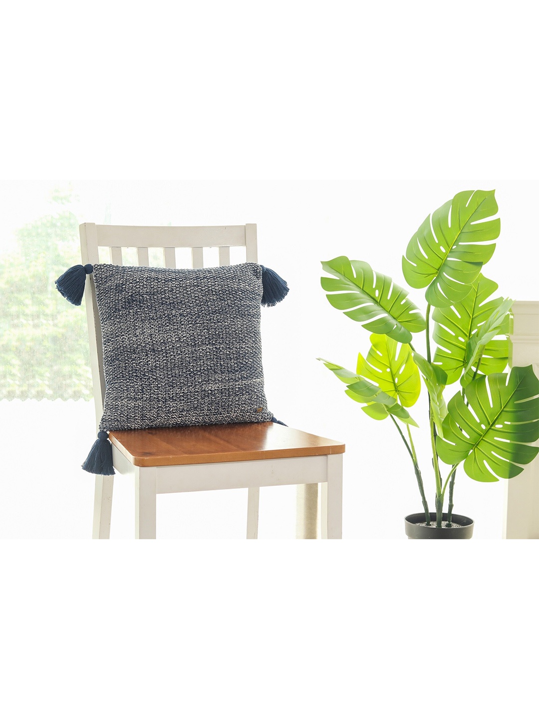 

Pluchi Navy Blue & Off White Knitted Cotton Square Cushion Cover