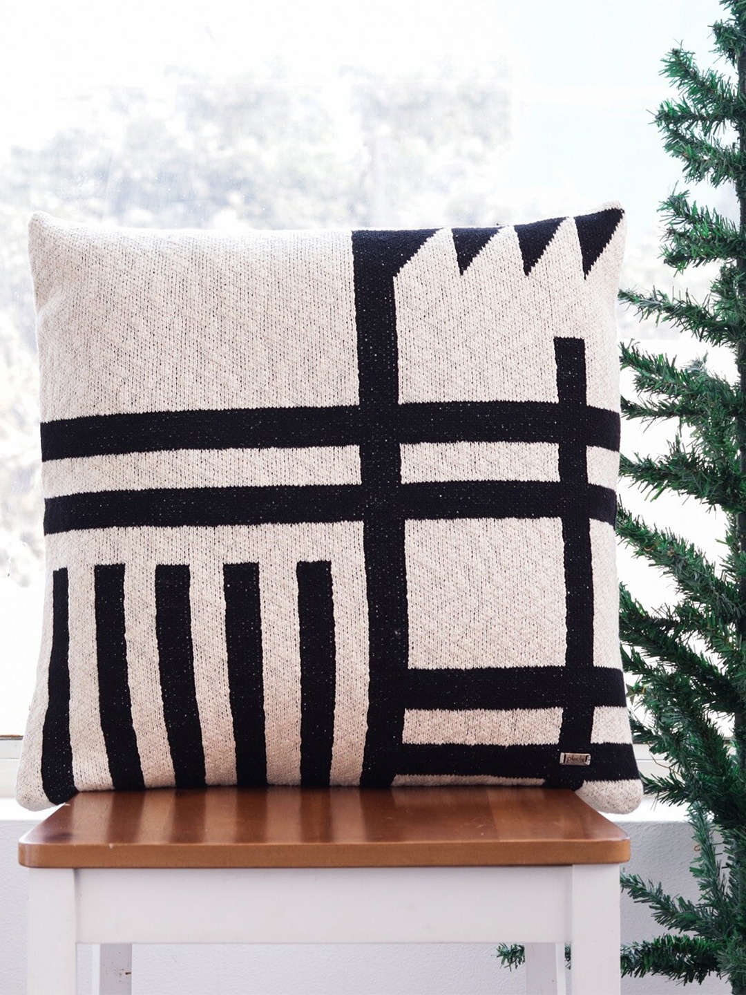 

Pluchi Cream-Coloured & Black Striped Cotton Square Cushion Cover