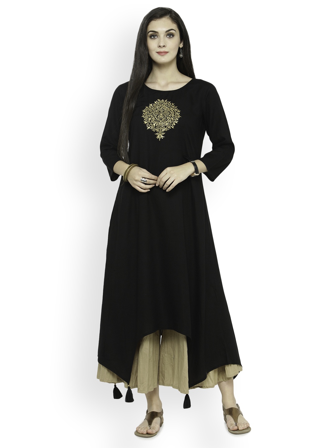 

Varanga Women Black Embroidered Asymmetrical Hem A-Line Kurta