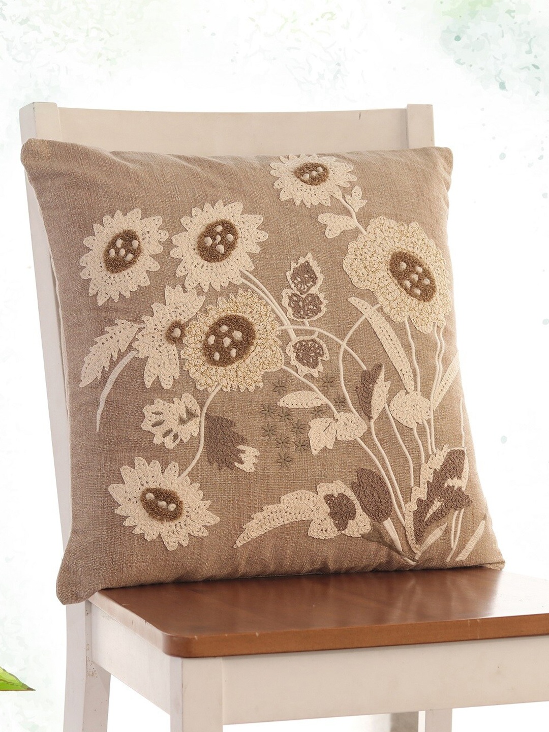 

Pluchi Beige & Gold-Toned Embroidered Cotton Square Cushion Cover