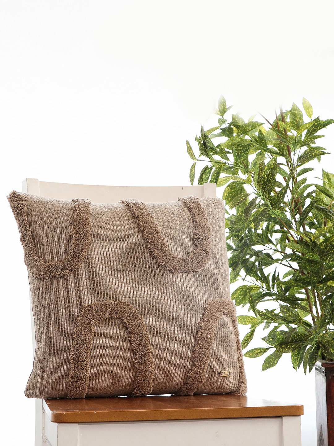 

Pluchi Beige Self Design Cotton Square Cushion Cover