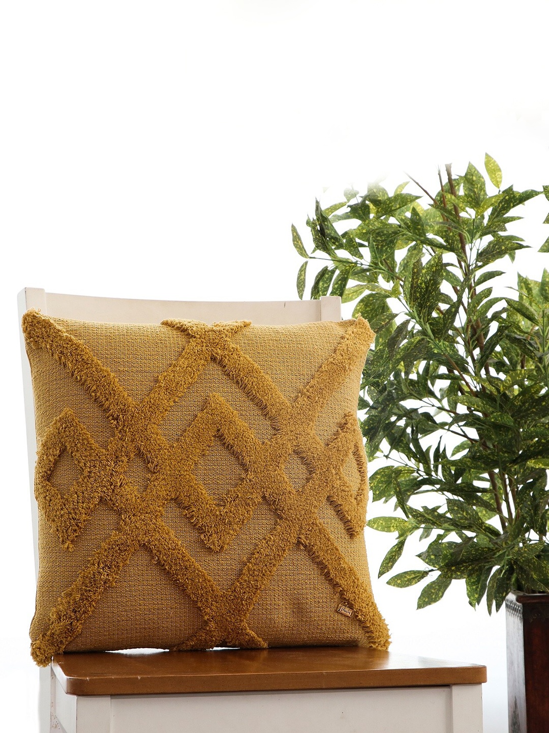 

Pluchi Yellow Self Design Cotton Square Cushion Cover