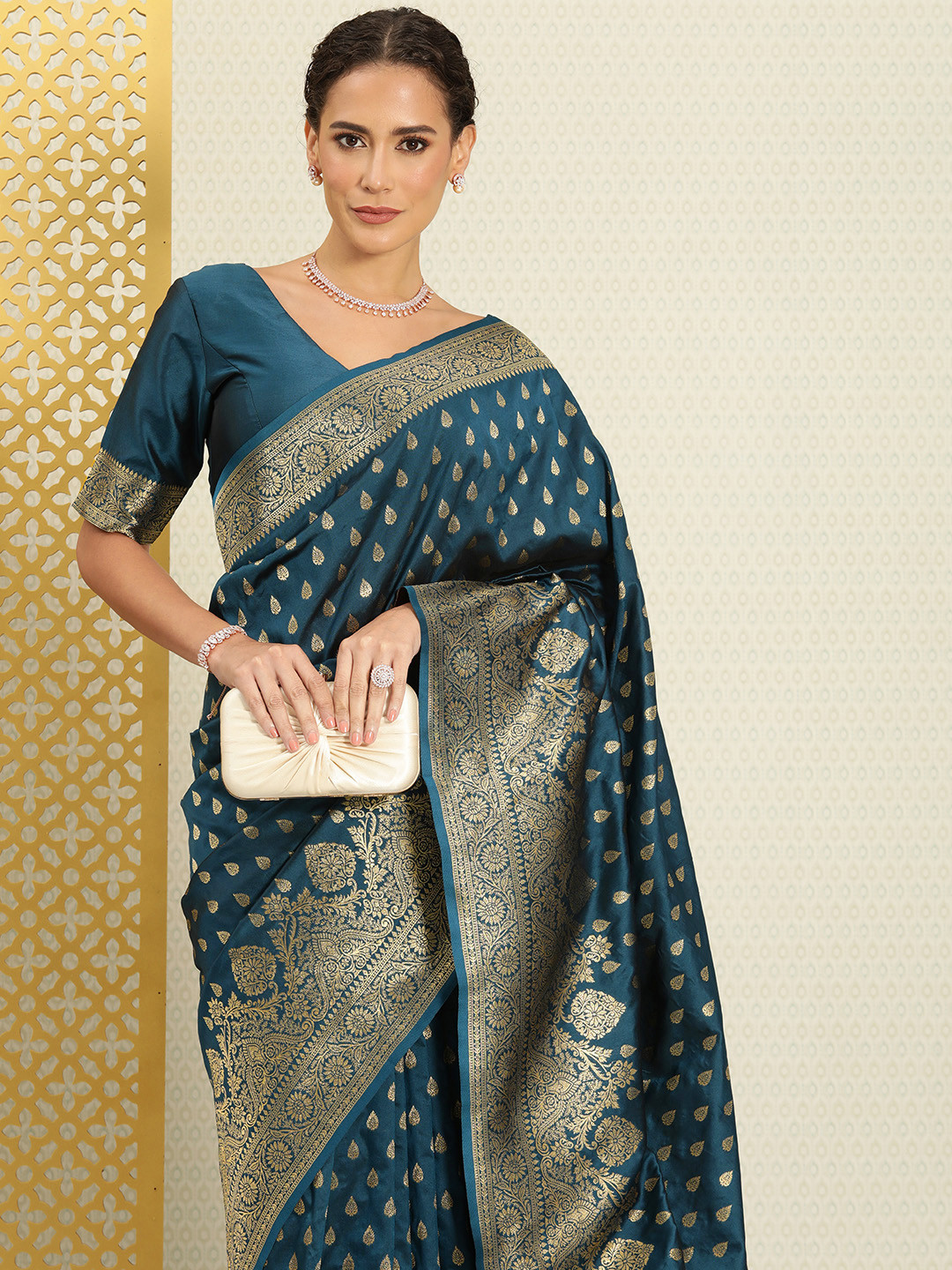 

House of Pataudi Woven Design Ethnic Motifs Zari Silk Blend Banarasi Saree, Teal