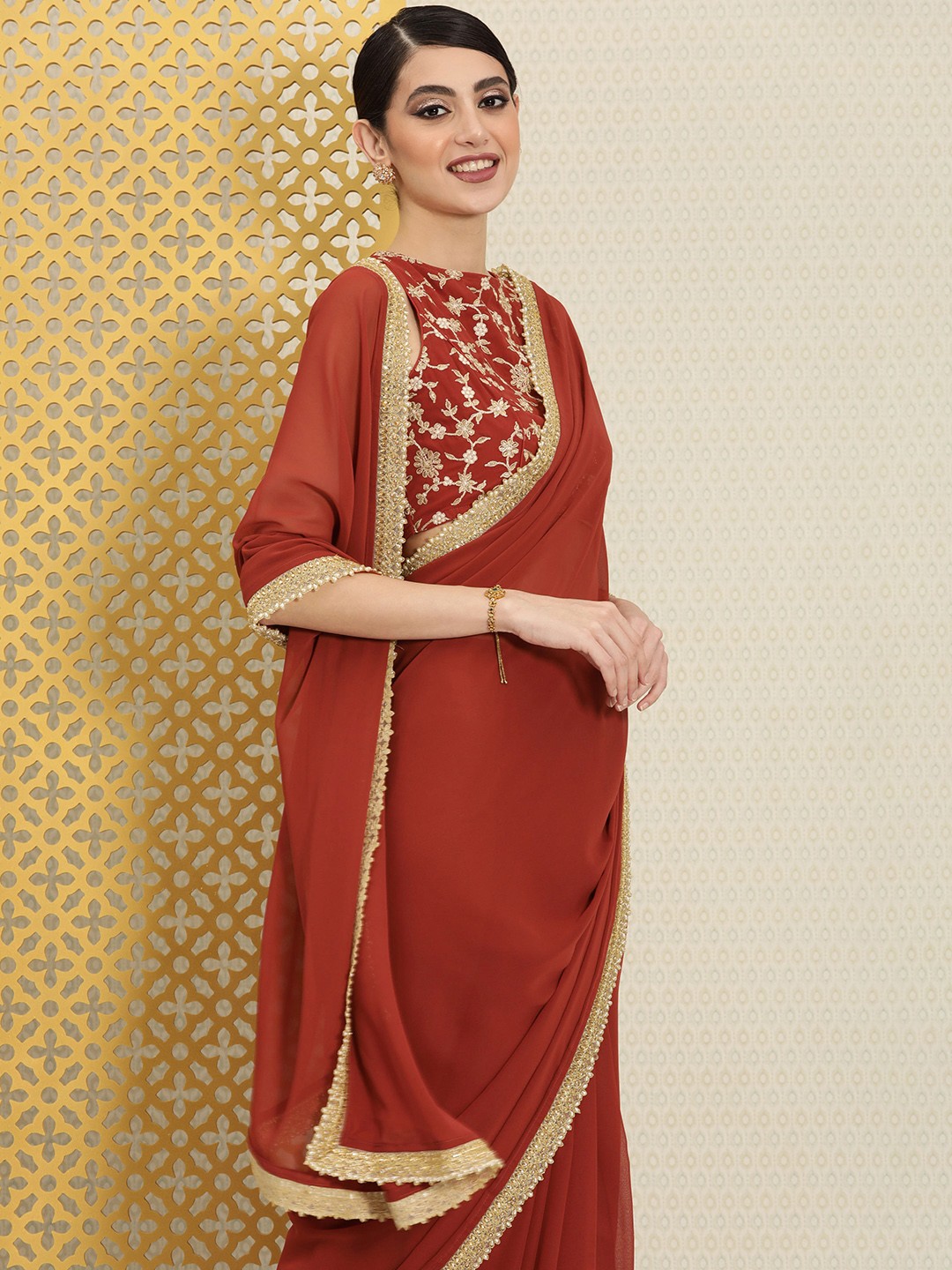 

House of Pataudi Zari Embroidered Saree, Rust