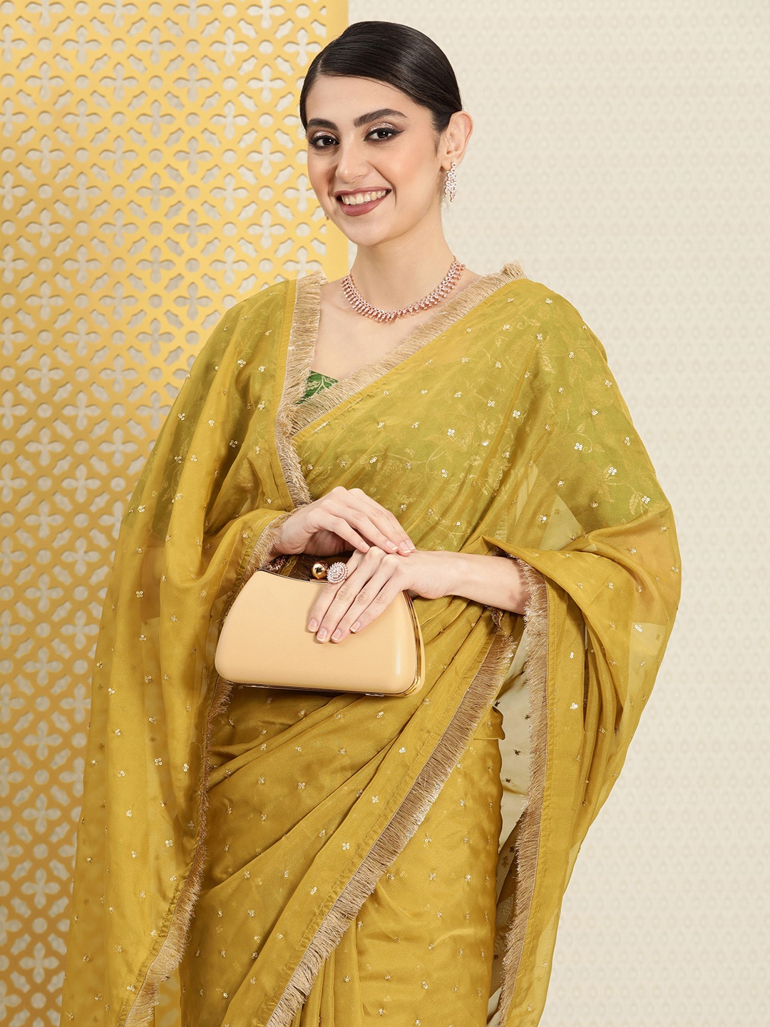 

House of Pataudi Embellished Sequinned Organza Saree, Mustard
