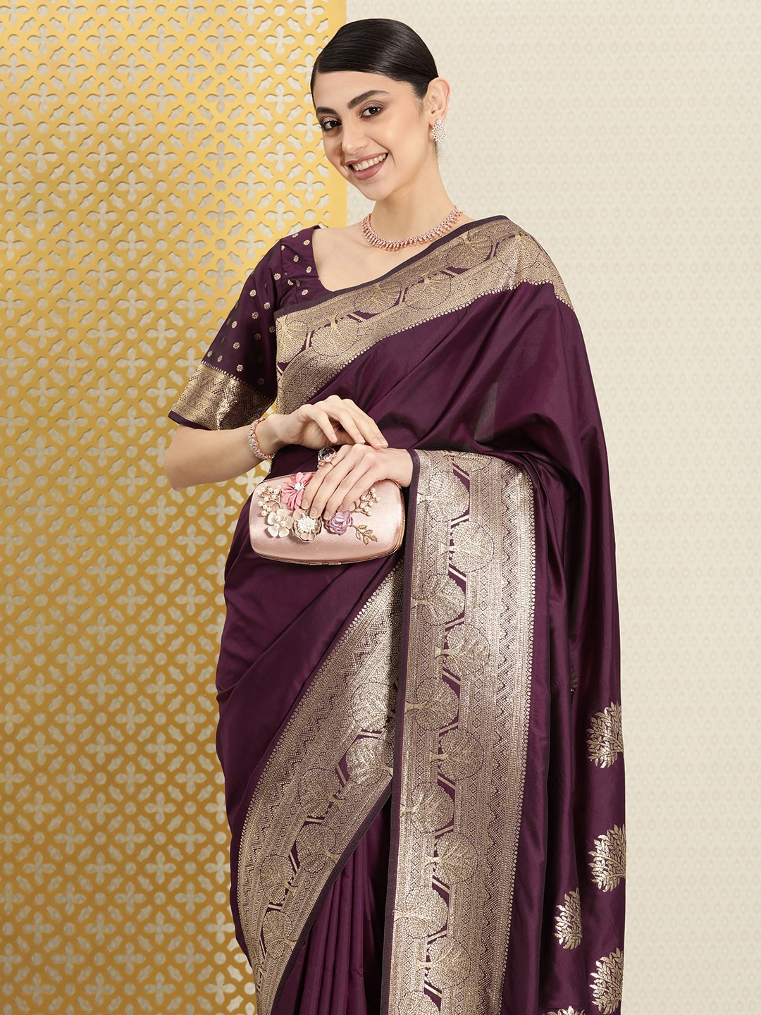 

House of Pataudi Solid Zari Satin Banarasi Saree, Burgundy